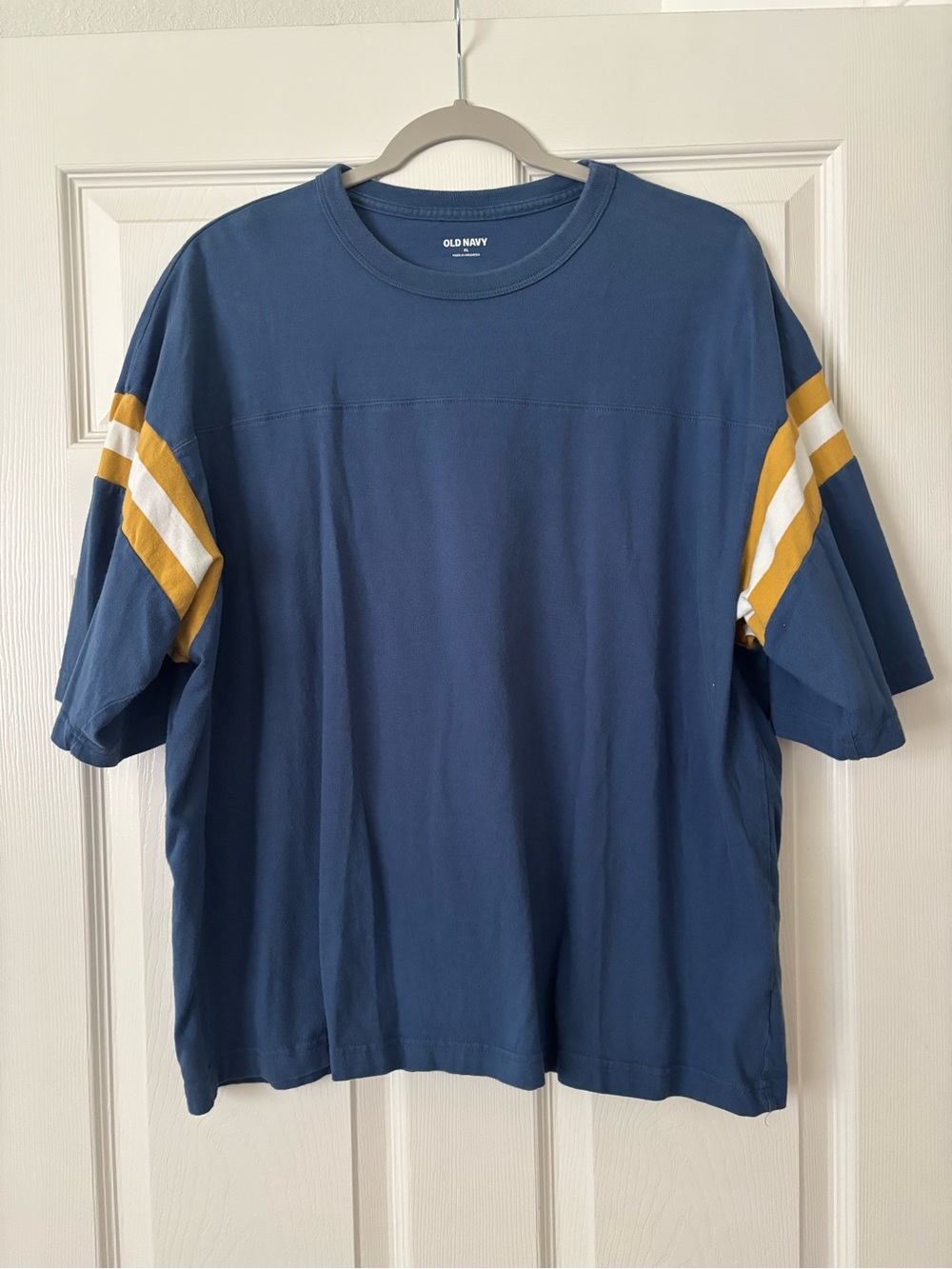 Old Navy Men's Blue Short-Sleeve Tee with Gold & White Sleeve Stripes